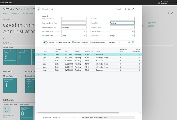 Dispatch Board do Dynamics 365 Business Central para alocacao de recursos de servico